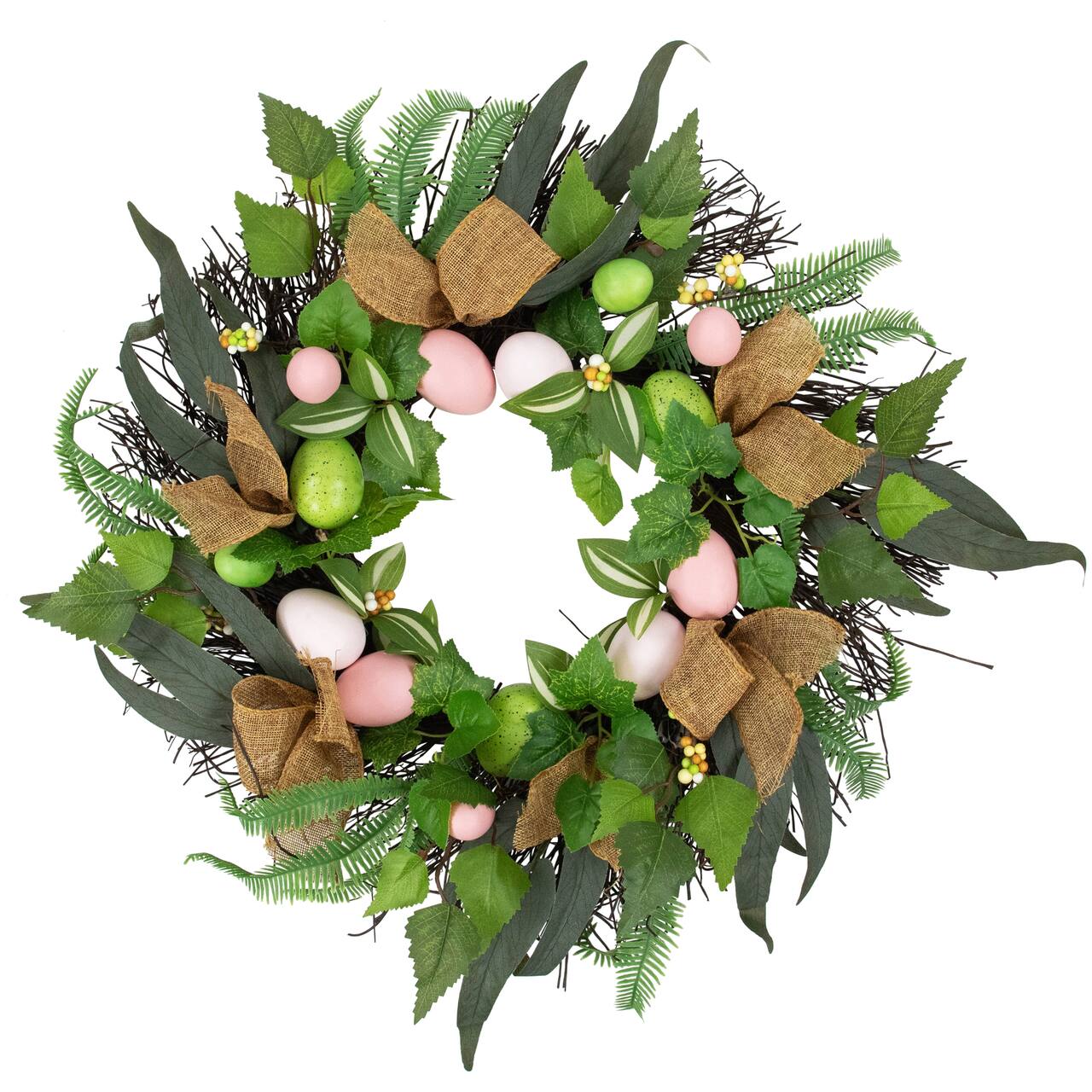 22" Easter Egg & Burlap Ribbon Mixed Foliage Twig Wreath